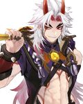  1boy abs arataki_itto bangs black_nails body_markings club_(weapon) facial_mark fingernails genshin_impact hand_on_hip highres holding holding_weapon horns japanese_clothes long_hair male_focus multicolored_hair nail_polish oni oni_horns open_mouth parted_bangs penyo1989 red_eyes redhead sharp_fingernails simple_background solo spikes spiky_hair thick_thighs thighs toned toned_male vision_(genshin_impact) weapon white_background 