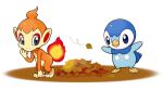  blue_eyes chimchar closed_mouth commentary_request fire flame grey_eyes leaf no_humans official_art piplup pokemon pokemon_(creature) project_pochama standing toes white_background 