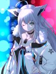  1girl ahoge animal_ears blue_eyes braid clothes_writing dog_tags fox_ears hand_on_hip highres hololive jacket long_hair looking_at_viewer mikan_(chipstar182) one_eye_closed shirakami_fubuki single_braid solo two-tone_background upper_body virtual_youtuber white_hair white_jacket 
