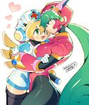 2girls android blonde_hair blue_eyes blush breasts cinnamon cinnamon_(mega_man) closed_mouth dated eyebrows_visible_through_hair green_eyes green_hair hand_on_another&#039;s_head hat headgear heart helmet hug iroyopon long_hair looking_at_another marino marino_(mega_man) mega_man_(series) mega_man_x:_command_mission mega_man_x_(series) multiple_girls nurse nurse_cap open_mouth signature smile white_background yuri