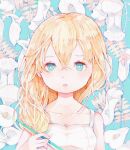  1girl bare_shoulders blonde_hair blue_eyes breasts collarbone dress flower kingdom_hearts kingdom_hearts_ii lihuahearts long_hair looking_at_viewer namine parted_lips solo white_dress 