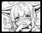  1girl animal_ears arknights bangs black_border blush border breath commentary covering_mouth eyebrows_visible_through_hair fox_ears greyscale half-closed_eyes high_contrast jacket looking_at_viewer monochrome portrait short_hair shoulder_blades simple_background solo speech_bubble sussurro_(arknights) tareme tears twitter_username white_background yom_(ymayma00ss) 