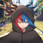  1girl bangs blue_eyes blue_fire blue_hair blue_horns blurry blurry_background bright_pupils castle cloak commission commissioner_upload day dragon_girl dragon_horns expressionless eyebrows_visible_through_hair fire food highres hood hood_up hooded_cloak horns inferna_dragnis long_hair looking_at_viewer market market_stall original outdoors shield solo standing usagi1923 white_pupils 
