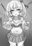  1girl :d absurdres alternate_costume bangs bare_shoulders blush bow breasts bright_pupils cheerleader collarbone commentary_request cowboy_shot crystal eyebrows_visible_through_hair fang flandre_scarlet greyscale hair_between_eyes hair_bow highres kamukamu_23 looking_at_viewer midriff monochrome navel no_hat no_headwear one_side_up open_mouth pleated_skirt pointy_ears pom_pom_(cheerleading) short_hair sketch skirt small_breasts smile solo thigh-highs touhou white_pupils wings 