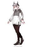  1girl alternate_costume arknights bangs baseball_cap casual demon_girl demon_horns eyebrows_visible_through_hair hat highres hood hood_down hoodie horns long_hair mudrock_(arknights) pantyhose pointy_ears red_eyes shinogu_ao shorts silver_hair simple_background solo white_background 