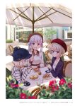  3girls :d blonde_hair blue_eyes blue_headwear blurry blurry_foreground blush choker closed_mouth collarbone collared_shirt day flower hair_flower hair_ornament highres holding holding_phone hoshikawa_hotaru jacket long_sleeves multiple_girls new_game! official_art open_clothes open_jacket open_mouth outdoors page_number parasol phone pink_hair purple_jacket red_flower red_headwear sakura_nene shiny shiny_hair shirt short_hair sitting sleeves_past_wrists smile striped striped_sweater sunlight suzukaze_aoba sweater tokunou_shoutarou twintails umbrella vertical-striped_jacket vertical_stripes violet_eyes white_choker white_flower white_shirt wing_collar 