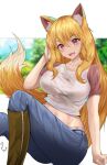  1girl absurdres animal_ear_fluff animal_ears blonde_hair blue_pants blurry blurry_background boots breasts collarbone eyebrows_visible_through_hair fangs feet_out_of_frame fox_ears fox_girl fox_tail hair_ribbon hand_on_own_face hand_up highres knee_boots knee_up large_breasts long_hair navel open_mouth original pants red_eyes ribbon shirt shorts signature sitting solo t3x tail taut_clothes taut_shirt teeth tree upper_teeth white_background 