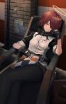  1girl arknights black_gloves black_legwear black_sleeves chair crossed_legs expwy exusiai_(arknights) feet_out_of_frame fingerless_gloves gloves hair_over_one_eye halo indoors jacket looking_at_viewer pantyhose red_eyes redhead short_hair sitting smile solo white_jacket 