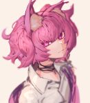  1girl animal_ear_fluff animal_ears arknights bangs commentary_request diamond-shaped_pupils diamond_(shape) fox_ears highres looking_at_viewer mirin_chikuwa neck_ribbon pink_hair portrait ribbon shamare_(arknights) shirt short_hair simple_background solo symbol-shaped_pupils twintails white_background white_shirt 