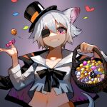  1girl animal_ears arknights bangs basket black_eyepatch black_jacket black_neckwear bow bowtie candy chinese_commentary clay_(clayjun) click_(arknights) click_(grave_thief)_(arknights) crop_top eyepatch food gradient gradient_background grin hands_up hat holding holding_basket jacket jacket_on_shoulders lollipop looking_at_viewer mouse_ears mouse_girl mouse_tail navel official_alternate_costume one_eye_covered shirt short_hair silver_hair smile solo tail top_hat upper_body white_shirt 