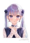  1girl bangs bow choker collarbone earrings eyebrows_visible_through_hair hair_bow highres jewelry long_hair long_sleeves looking_at_viewer new_game! official_art open_mouth page_number purple_bow silver_hair sleeves_past_wrists solo star_(symbol) star_earrings suzukaze_aoba tokunou_shoutarou twintails upper_body violet_eyes white_background 