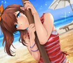  1girl bangs beach bench bikini bikini_bottom blue_eyes blue_sky blush bracelet breasts brown_hair hair_between_eyes hair_ribbon hanamasa_ono highres idolmaster idolmaster_million_live! jewelry light_particles long_hair looking_at_viewer ocean orange_bikini orange_ribbon outdoors pole ponytail red_shirt ribbon sand satake_minako shirt sky sleeveless sleeveless_shirt smile solo sparkle striped striped_shirt swimsuit umbrella upper_body water 