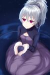  1girl closed_mouth darker_than_black dress hair_ribbon highres kneeling long_hair oga_raito ponytail purple_dress ribbon silver_hair solo star_(sky) violet_eyes water yin_(darker_than_black) 