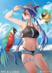  1girl arknights arm_up armpits bangs bare_arms bare_shoulders bikini bird black_bikini blue_hair blue_shorts blue_sky ch&#039;en_(arknights) clouds collarbone cowboy_shot dated day dragon_horns female_tourist_c_(arknights) highres horns liangwoyao long_hair looking_to_the_side micro_shorts navel open_fly parrot parted_lips red_eyes shorts sky solo standing stomach sunglasses swimsuit thigh_strap thighs very_long_hair visor_cap weibo_logo weibo_username 