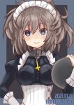  1girl artist_request blue_eyes brown_hair chain commentary_request cosplay dated eyebrows_visible_through_hair highres holding holding_tray kantai_collection long_sleeves maid_headdress messy_hair namesake sheffield_(azur_lane) sheffield_(azur_lane)_(cosplay) sheffield_(kancolle) smile tray upper_body 