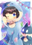  1girl animal_costume animal_ears bangs black_hair blue_eyes blurry blurry_background blush closed_mouth commission depth_of_field fake_animal_ears hood hood_up kou_hiyoyo long_sleeves munchlax one_eye_closed original pennant pig_costume pig_ears pig_hood pokemon pokemon_(game) skeb_commission sleeves_past_wrists string_of_flags waking_up wavy_mouth wide_sleeves 