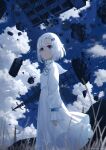  1girl absurdres blue_eyes building bus cumulonimbus_cloud desk dress floating ground_vehicle hanagamigendai highres looking_at_viewer motor_vehicle original outdoors rubble ruins school_desk short_hair solo standing utility_pole white_dress white_hair 