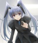  1girl :o black_shirt blue_neckwear collared_shirt cureecoolan eyebrows_visible_through_hair flat_chest grey_eyes grey_jacket jacket juliet_sleeves long_sleeves looking_at_viewer military military_uniform muvluv muvluv_alternative necktie open_hand open_mouth puffy_sleeves shirt silver_hair solo twintails uniform yashiro_kasumi 