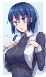  1girl blue_eyes blue_hair breasts ciel_(tsukihime) cross cross_necklace flying_sweatdrops glasses hands_on_own_chest highres jewelry large_breasts necklace nun open_mouth short_hair simple_background soukitsu tsukihime tsukihime_(remake) 