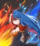  1girl absurdres bangs blue_eyes blue_fire blue_hair blue_horns bow bowtie breasts commission commissioner_upload dragon_girl dragon_horns dress eyebrows_visible_through_hair fire floating_hair highres horns inferna_dragnis jewelry large_breasts long_hair long_sleeves multicolored multicolored_eyes multicolored_hair orange_eyes original pale_skin puffy_long_sleeves puffy_sleeves red_horns redhead scales serious solo standing usagi1923 