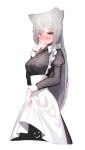  1girl absurdres alternate_costume animal_ears apron arknights beudelb black_dress breasts cat_ears collar commentary cowboy_shot dress enmaided eyebrows_visible_through_hair grey_hair hair_over_one_eye highres korean_commentary large_breasts lifted_by_self long_hair looking_at_viewer maid maid_day ponytail schwarz_(arknights) simple_background solo tears very_long_hair white_apron white_background white_collar yellow_eyes 