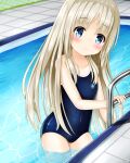  1girl blue_eyes blue_swimsuit blush brown_hair covered_navel highres kud_wafter ladder little_busters! long_hair noumi_kudryavka one-piece_swimsuit outdoors partially_submerged pool school_swimsuit smile solo swimsuit thighs water 