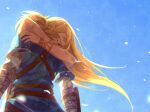  1boy 1girl backlighting bangs blonde_hair blue_eyes blue_tunic bracer bruise dirty dirty_face forehead green_eyes hug injury light_brown_hair link long_hair parted_bangs princess_zelda short_hair short_ponytail the_legend_of_zelda the_legend_of_zelda:_breath_of_the_wild vambraces werlosk 