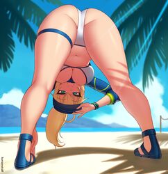  1girl ahoge artist_name artoria_pendragon_(fate) ass bangs baseball_cap beach bent_over bikini blonde_hair blue_eyes blue_headwear blue_sky breasts clouds commission day eyebrows_visible_through_hair fate/grand_order fate_(series) full_body hand_on_headwear hat kneepits kuroonehalf large_breasts legs_apart long_hair looking_through_legs mysterious_heroine_xx_(fate) navel outdoors palm_tree ponytail sandals shrug_(clothing) sky smile solo sunlight swimsuit thigh_strap tree white_bikini wristband 