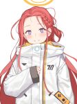  1girl blue_archive blush braid coat forehead hair_ribbon halo handheld_game_console hoshiya_takahito long_hair long_sleeves pocket redhead ribbon simple_background smile solo upper_body very_long_hair violet_eyes white_background white_coat yuzu_(blue_archive) 