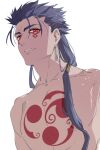  1boy angry blue_hair bodypaint collarbone cu_chulainn_(fate) cu_chulainn_alter_(fate/grand_order) dark_blue_hair dark_persona earrings facepaint fate/grand_order fate_(series) jewelry long_hair looking_at_viewer looking_down male_focus muscular muscular_male nozawa ponytail red_eyes sharp_teeth simple_background slit_pupils solo spiky_hair teeth topless_male 