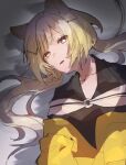  1girl animal_ears arknights black_shirt blonde_hair blue_eyes cat_ears commentary_request eyebrows_visible_through_hair grey_background hair_ornament hairclip heterochromia jacket long_hair looking_at_viewer lying mirin_chikuwa nightmare_(arknights) off_shoulder on_bed open_mouth shirt simple_background solo upper_body yellow_eyes yellow_jacket 