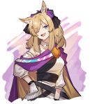  1girl animal_ears arknights bangs blonde_hair blue_eyes detached_collar detached_sleeves dress fang gloves highres horse_ears horse_girl long_hair mabing off_shoulder official_alternate_costume one_eye_closed open_mouth skin_fang solo whislash_(glory_purple)_(arknights) white_gloves 