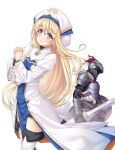  1boy 1girl armor bangs blonde_hair blue_eyes blush boots breastplate breasts brooch closed_mouth collared_dress dress eyebrows_visible_through_hair floating_hair frilled_sleeves frills full_armor fur_trim gauntlets goblin_slayer goblin_slayer! gold_trim hat helmet holding holding_shield holding_sword holding_weapon jewelry kannatsuki_noboru long_hair long_sleeves looking_at_viewer looking_to_the_side multicolored multicolored_clothes multicolored_headwear novel_illustration official_art own_hands_clasped own_hands_together plume priestess_(goblin_slayer!) second-party_source shield shoulder_armor simple_background small_breasts smile standing star_(symbol) sword thigh-highs thigh_boots very_long_hair weapon white_background white_dress white_headwear white_legwear 