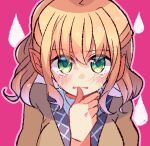  1girl bangs blonde_hair blush breasts brown_jacket crying crying_with_eyes_open eyebrows_visible_through_hair green_eyes highres jacket layered_clothing medium_breasts medium_hair meimei_(meimei89008309) mizuhashi_parsee open_mouth pointy_ears short_sleeves simple_background tears touhou upper_body wavy_hair 