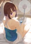  1girl arm_up bare_shoulders barefoot blue_shirt bottle brown_hair closed_mouth commentary criss-cross_halter electric_fan halterneck holding holding_bottle indoors kamizaki_hibana looking_at_viewer looking_back original shirt short_hair shorts sidelocks sitting solo spaghetti_strap towel towel_on_head violet_eyes water_bottle white_shorts 