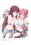  3girls bikini blue_eyes blush breasts brown_hair closed_mouth collarbone flower green_eyes hair_flower hair_intakes hair_ornament hairband halterneck hibiscus highres large_breasts long_hair looking_at_viewer mochizuki_momiji multiple_girls navel new_game! official_art open_mouth page_number pink_flower ponytail red_flower redhead sarong shiny shiny_hair short_hair silver_hair suzukaze_aoba swimsuit takimoto_hifumi tokunou_shoutarou twintails very_long_hair violet_eyes white_background white_bikini white_hairband yellow_flower 