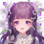  1girl bangs blunt_bangs border bow bow_earrings cardcaptor_sakura daidouji_tomoyo earrings eyebrows_visible_through_hair floral_background flower flower_request frilled_shirt frills hair_bow hair_ribbon jewelry long_hair looking_at_viewer maccha_(mochancc) open_mouth outside_border portrait purple_background purple_hair ribbon shirt sidelocks smile solo sparkle sparkling_eyes star_(symbol) tress_ribbon violet_eyes white_border white_bow white_flower white_ribbon white_shirt 