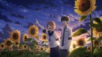  1boy 1girl absurdres black_skirt blue_eyes brown_hair flower grey_pants hanagamigendai hands_in_pockets highres necktie original pants pointing school_uniform serafuku shirt short_sleeves skirt smile striped striped_neckwear summer sunflower sunset uniform white_shirt 