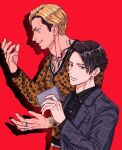  2boys animal_print black_hair black_shirt blonde_hair blue_jacket bracelet chest_tattoo collared_shirt daimu_akutsu dress_shirt earrings grin hand_up handkerchief highres holding holding_handkerchief jacket jewelry leopard_print long_sleeves looking_at_viewer lost_judgment male_focus multiple_boys necklace parted_lips profile red_background red_eyes ring shirt short_hair simple_background smile souma_kazuki sweater tattoo undercut upper_body watch watch yakumo_(ykm) yellow_eyes 
