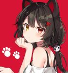  1girl animal_ears bangs black_hair blush breasts brown_eyes commentary_request dog_ears dog_hair_ornament eyebrows_visible_through_hair flower from_side hair_between_eyes hair_flower hair_ornament hands_up heterochromia inui_toko long_hair looking_at_viewer looking_to_the_side low_twintails medium_breasts myuton nijisanji off-shoulder_shirt off_shoulder red_background red_eyes red_flower shirt simple_background solo twintails upper_body very_long_hair virtual_youtuber white_shirt 
