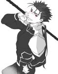  1boy armor beads bodysuit closed_mouth cu_chulainn_(fate) cu_chulainn_(fate/stay_night) earrings fate/stay_night fate_(series) gae_bolg_(fate) grin hair_beads hair_ornament hand_on_hip holding holding_polearm holding_weapon jewelry long_hair looking_at_viewer male_focus muscular muscular_male nozawa pauldrons polearm polearm_behind_back ponytail red_eyes shoulder_armor simple_background skin_tight smile solo spiky_hair weapon 