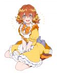  1girl :d alternate_hairstyle apron bangs between_legs blush bow bowtie braid brown_eyes dress fresh_precure! frilled_dress frills full_body hair_bow hand_between_legs idol kb83ys looking_at_viewer maid_apron open_mouth orange_footwear orange_hair orange_neckwear precure puffy_short_sleeves puffy_sleeves shoes short_hair short_sleeves short_twintails simple_background sitting smile solo twintails v_arms wariza white_background yamabuki_inori yellow_dress 