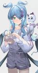  1girl absurdres animal_on_shoulder blue_hair blush collarbone dragon elira_pendora green_eyes grey_background grey_overalls hair_over_one_eye head_tilt head_wings highres holding holding_money holding_wallet long_hair looking_at_viewer looking_down money nijisanji nijisanji_en off_shoulder overall_shorts overalls pikl_(elira_pendora) ruisha smile solo sweat sweater virtual_youtuber wallet white_sweater 