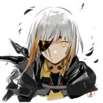  1girl bandana bangs black_jacket chinese_commentary commentary_request eyepatch girls_frontline jacket jibao looking_at_viewer m16a1_(boss)_(girls&#039;_frontline) m16a1_(girls&#039;_frontline) mole mole_under_eye multicolored_hair orange_hair portrait scar scar_on_face shirt solo streaked_hair throat_microphone white_background white_hair yellow_eyes yellow_shirt 