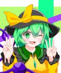  1girl ;) black_headwear blush collared_shirt diamond_(shape) eyeball eyebrows_visible_through_hair frilled_shirt_collar frilled_sleeves frills gozen_(gozen0707) green_eyes green_hair hands_up hat hat_ribbon heart heart_of_string highres komeiji_koishi long_sleeves one_eye_closed open_mouth ribbon shirt short_hair smile solo third_eye touhou upper_body w wavy_hair wide_sleeves yellow_ribbon yellow_shirt 