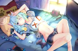  1girl ahoge animal_ears arms_up bangs bed_sheet black_shorts blush breasts cat_ears controller eyebrows_visible_through_hair highres holding holding_phone indie_virtual_youtuber lanmewko looking_at_viewer lying medium_breasts midriff navel nintendo_switch on_back one_eye_closed parted_lips phone pillow rei_(rei&#039;s_room) short_sleeves shorts sidelocks solo thighs virtual_youtuber 