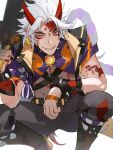  1boy arataki_itto bangs black_pants body_markings bracelet club_(weapon) feet_out_of_frame forehead genshin_impact grin holding holding_weapon horns jewelry looking_at_viewer male_focus oni oni_horns over_shoulder pants red_eyes red_horns simple_background smile solo spiked_bracelet spikes squatting srro_yo weapon weapon_over_shoulder white_background white_hair 