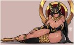  1girl absurdres animal_ears ankh artist_name bangs beige_background black_gloves black_hair black_legwear border breasts dark_elf egyptian egyptian_clothes elbow_gloves elf full_body gloves green_eyes high_heels highres hime_cut huge_breasts jackal_ears last_origin long_pointy_ears looking_at_viewer moku_(pintor09) pointy_ears reclining sekhmet_of_death simple_background single_thighhigh solo thigh-highs white_border 