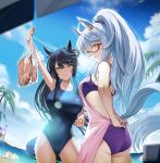  2girls animal_ears apron arm_up ass ass_visible_through_thighs bag bandaid bandaid_on_nose bangs bikini biwa_hayahide_(umamusume) black_hair breasts clenched_hands clouds collarbone commentary_request covered_navel cowboy_shot day food glasses highres horse_ears horse_girl horse_tail kuzumochi_(kuzumochiya) large_breasts lens_flare lifeguard_chair long_hair looking_at_viewer looking_back meat multiple_girls narita_brian_(umamusume) one-piece_swimsuit outdoors palm_tree parted_lips plastic_bag ponytail purple_bikini semi-rimless_eyewear smile swimsuit tail tree tying_apron umamusume white_hair yellow_eyes 