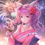  aerial_fireworks animal_ear_fluff animal_ears bangs bell blurry blurry_background cat_ears choker closed_mouth commentary english_commentary facial_mark fingernails fireworks flower food frilled_kimono frills hair_flower hair_ornament hand_up highres holding holding_food ice_cream ice_cream_cone japanese_clothes jingle_bell kimono long_hair long_sleeves looking_at_viewer nail_polish neck_bell original pink_hair pink_kimono prko purple_nails red_flower smile twintails upper_body violet_eyes white_choker 
